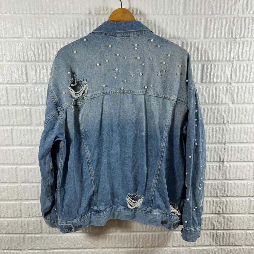 Free People Light Blue Pearl-Embellished Distressed Denim Jacket - Picture 4 of 8